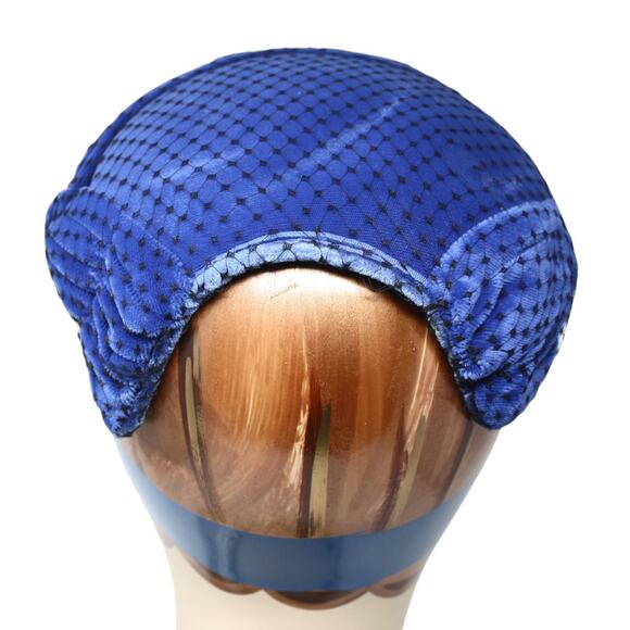 Vintage Blue Velvet Juliette Cap Cocktail Hat in Blue Velvet w Netting - Hey Viv - Picture 3 of 7